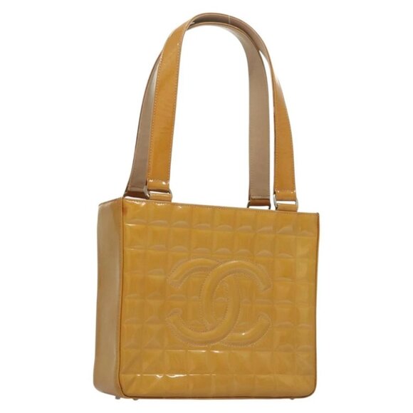 CHANEL Choco Bar Hand Bag Patent Leather Yellow Silver CC Auth mr1387 - Picture 1 of 16